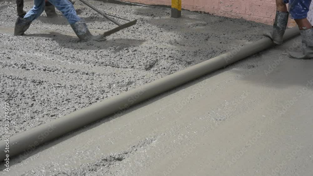 Worker Using Roller to Screed Concrete After to Pouring and Placement. Construction Concept