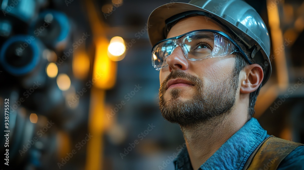 A focused industrial worker in safety gear looking up, with a blurred factory background. A focused industrial worker in safety gear looking up, with a blurred factory background.