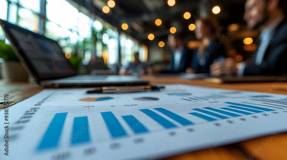 Corporate team discussing benchmarking results, with a defocused stock graph chart in the background, signifying market evaluation Corporate team discussing benchmarking results, with a defocused stock graph chart in the background, signifying market evaluation