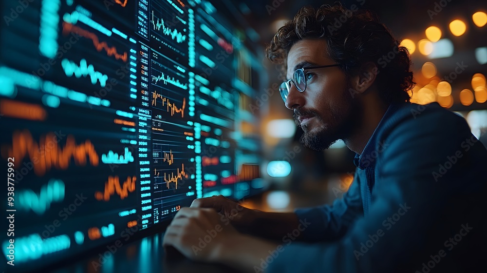Team of executives analyzing performance metrics, with a softly focused stock graph chart in the background, signifying data-driven evaluation Team of executives analyzing performance metrics, with a softly focused stock graph chart in the background, signifying data-driven evaluation