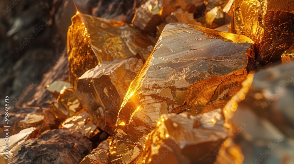 the geological wonder of gold ore with a close-up view highlighting the shiny, metallic gold embedded in rough rock.