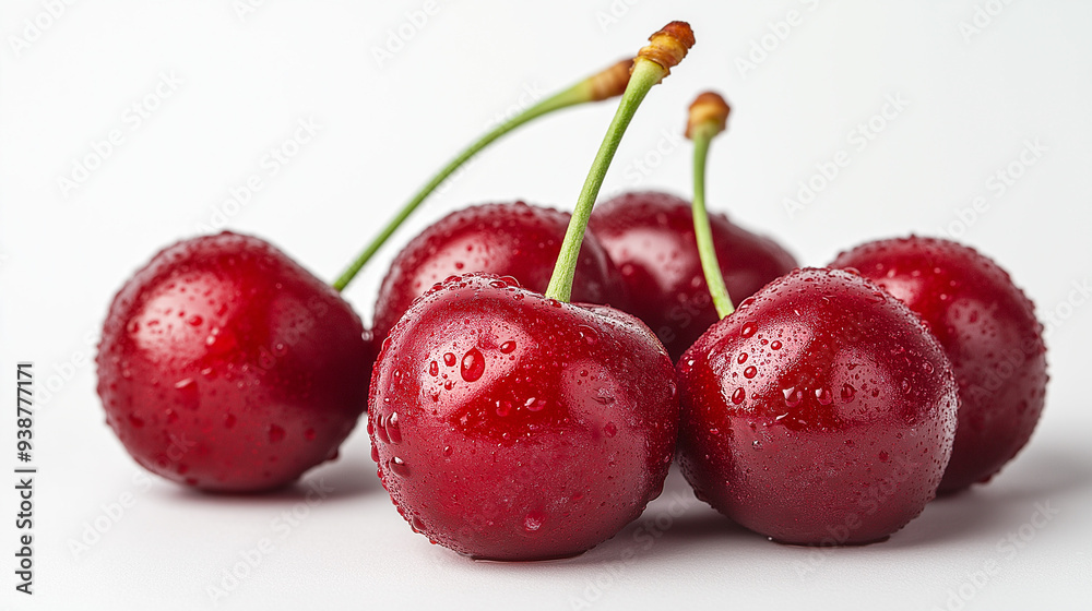 a bunch of red,fresh and ripe cherries on a simple white background,and the fruit look like so delicious. a bunch of red,fresh and ripe cherries on a simple white background,and the fruit look like so delicious.