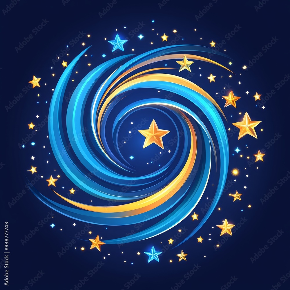 Fototapeta premium Vibrant abstract illustration featuring a swirling galaxy of blue and yellow colors, surrounded by twinkling stars on a dark background.