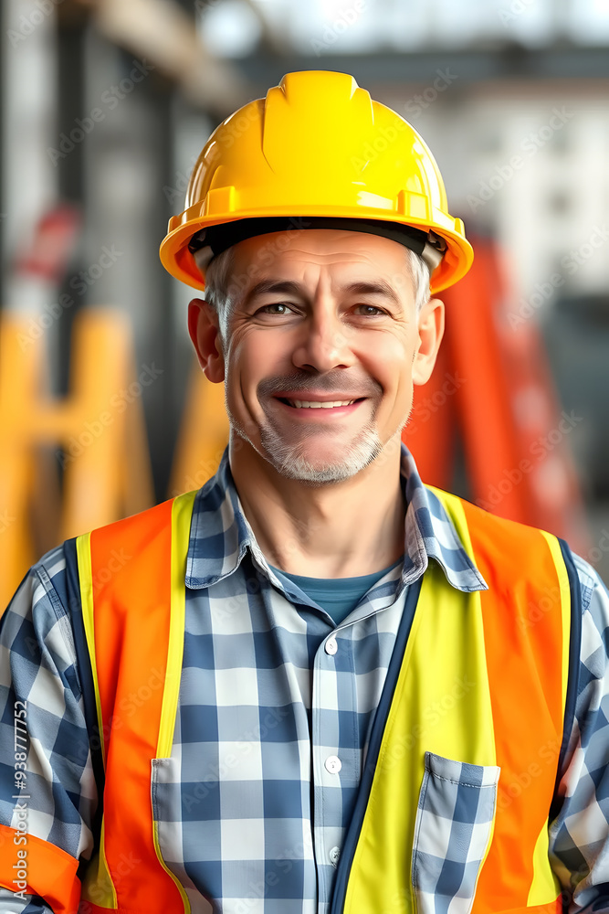 A smiling construction worker wearing a yellow hard hat and a safety jacket. He stands confidently in a construction site, showcasing a friendly demeanor. A smiling construction worker wearing a yellow hard hat and a safety jacket. He stands confidently in a construction site, showcasing a friendly demeanor.