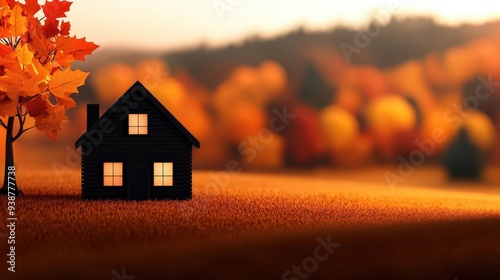 Childhood home in autumn, warm lights glowing through windows, nostalgic sentiment, 3D illustration