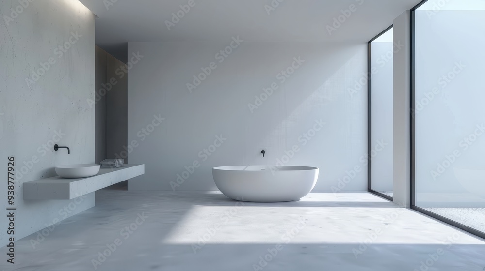 Modern minimalist bathroom with freestanding bathtub, large windows, and sleek design. Bright, airy, and serene atmosphere. Modern minimalist bathroom with freestanding bathtub, large windows, and sleek design. Bright, airy, and serene atmosphere.