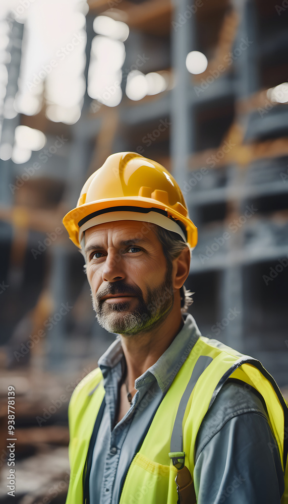 A smiling construction worker wearing a yellow hard hat and a safety jacket. He stands confidently in a construction site, showcasing a friendly demeanor. A smiling construction worker wearing a yellow hard hat and a safety jacket. He stands confidently in a construction site, showcasing a friendly demeanor.