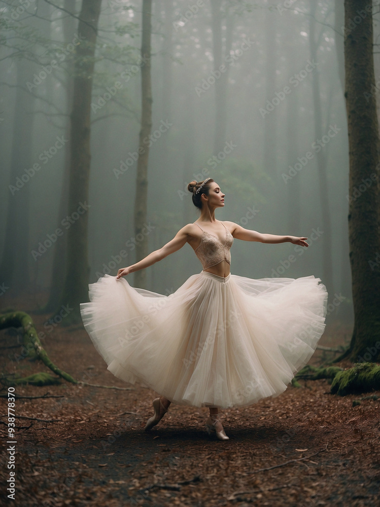 Fototapeta premium Ballerina Dancing Gracefully in a Misty Forest