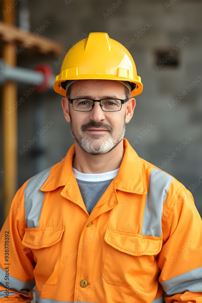 A smiling construction worker wearing a yellow hard hat and a safety jacket. He stands confidently in a construction site, showcasing a friendly demeanor. A smiling construction worker wearing a yellow hard hat and a safety jacket. He stands confidently in a construction site, showcasing a friendly demeanor.