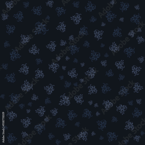 Dark floral seamless pattern with vintage flowers, elegant design on black background.