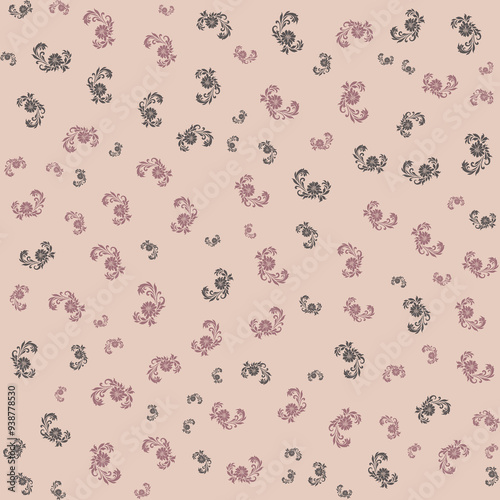 Wallpaper Mural Floral damask seamless pattern with vintage leaves, black and pink on light beige background. Torontodigital.ca