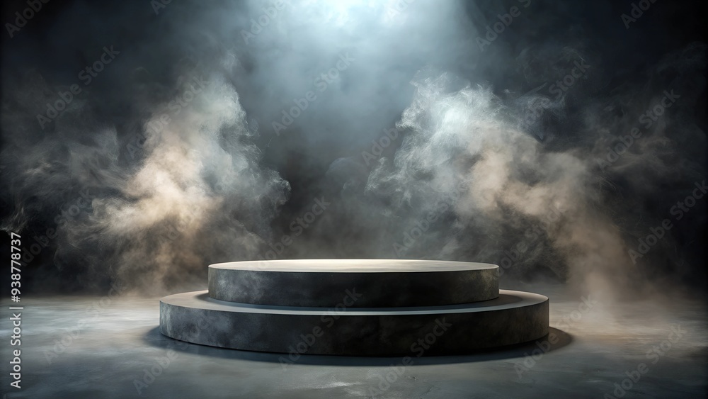Grungy 3D podium with dramatic smoke effects on a dark background. Ideal for bold product displays or themed promotions. Atmospheric design with abundant copy space. Grungy 3D podium with dramatic smoke effects on a dark background. Ideal for bold product displays or themed promotions. Atmospheric design with abundant copy space.
