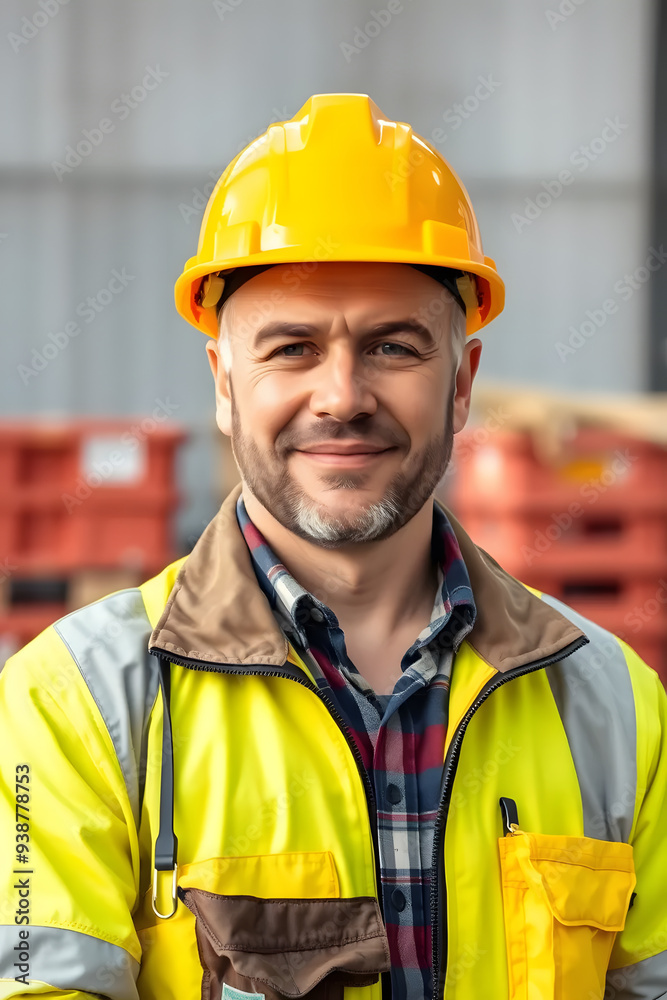 A smiling construction worker wearing a yellow hard hat and a safety jacket. He stands confidently in a construction site, showcasing a friendly demeanor. A smiling construction worker wearing a yellow hard hat and a safety jacket. He stands confidently in a construction site, showcasing a friendly demeanor.