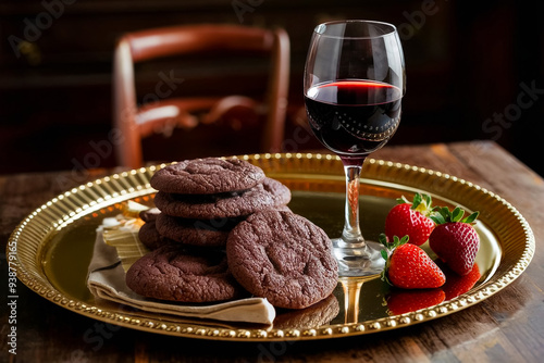 chocolate cookies on a golden tray with a glass of red wine