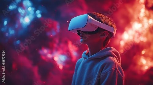 Boy in Sweatshirt Wearing White Virtual Reality Goggles - Entering Magical Game Atmosphere