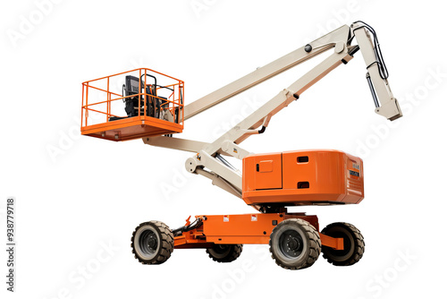 Modern manlift machine on transparent background for construction and industrial projects, featuring safety and efficiency in elevated work platforms photo