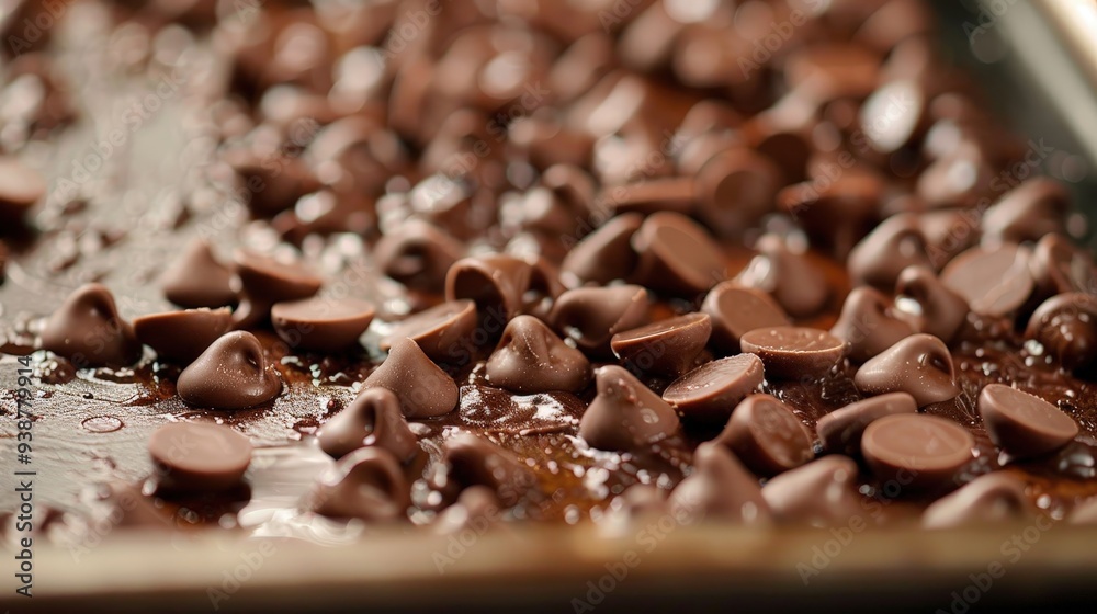 the visual appeal of chocolate chips arranged on a baking tray, ready to be melted. the visual appeal of chocolate chips arranged on a baking tray, ready to be melted.