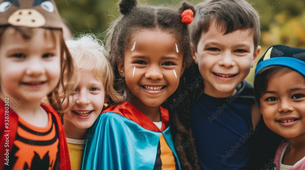 Diverse kids in costumes trick or treat happily on halloween, exploring neighborhood with candy bags, surrounded by houses and jack o lanterns