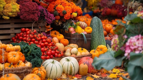 Vibrant outdoor market stall overflowing with colorful pumpkins, gourds, and fresh produce celebrates the bounty of the autumn harvest
