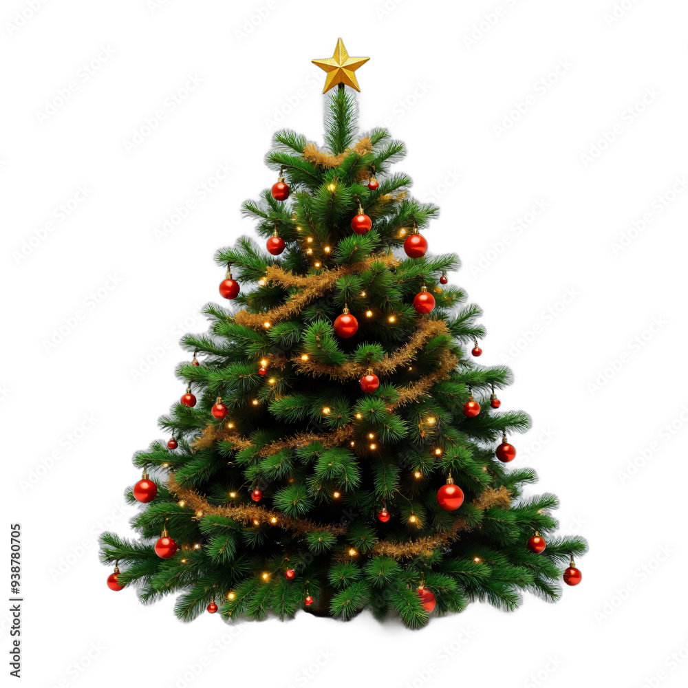 Fototapeta premium Decorated Christmas tree isolated on transparent PNG background.