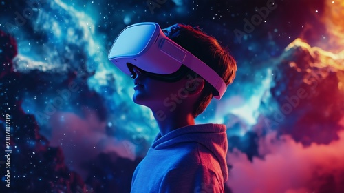 Boy in Sweatshirt Wearing White Virtual Reality Goggles - Entering Magical Game Atmosphere