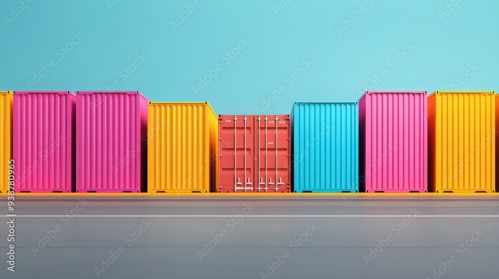 Colorful shipping containers stacked against a bright blue background, creating a vibrant and modern industrial scene. Colorful shipping containers stacked against a bright blue background, creating a vibrant and modern industrial scene.
