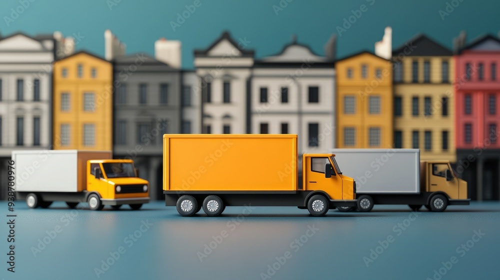 Colorful toy trucks lined up on a tabletop with a backdrop of miniature buildings, representing transportation and logistics themes. Colorful toy trucks lined up on a tabletop with a backdrop of miniature buildings, representing transportation and logistics themes.