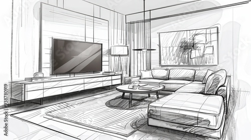 Draw a sophisticated living room in sketch form with a sleek sofa, a round coffee table, and a stylish rug. photo