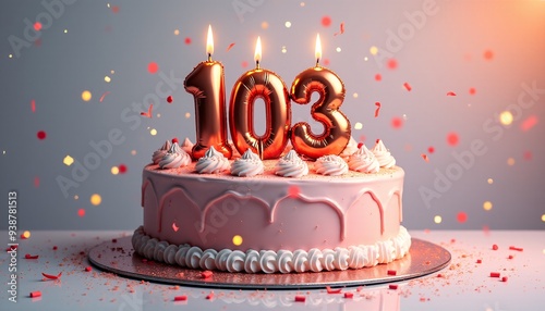 Number 103rd Birthday Balloon Celebration Cake, Adorned with Sparkling Confetti, Stars, Glitters, and Streamer Ribbons for a Festive Atmosphere photo