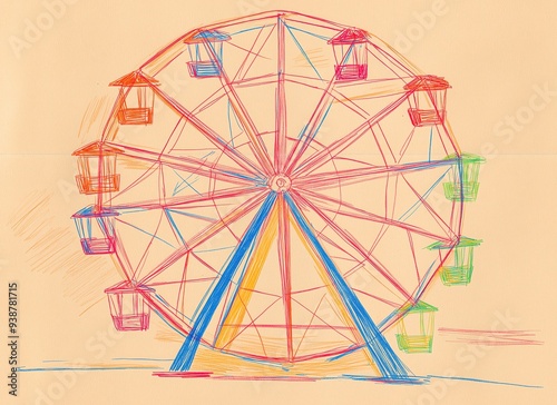 crude colored pencil sketch of a ferris wheel on kid's drawing paper
