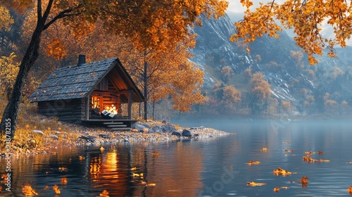 A serene lakeside cabin surrounded by autumn foliage, capturing the tranquil beauty of nature and seasonal change.