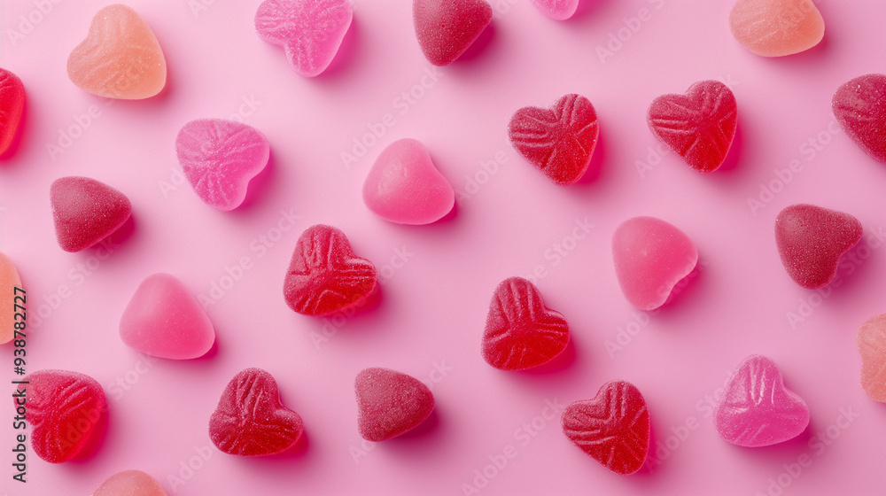 Heart-shaped pink and red jelly candies spread across a soft pink background, perfect for a romantic Valentine's Day theme or confectionery design. Heart-shaped pink and red jelly candies spread across a soft pink background, perfect for a romantic Valentine's Day theme or confectionery design.