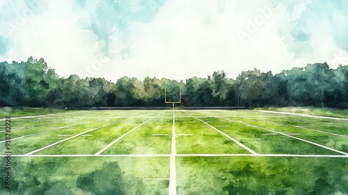 Vibrant watercolor illustration of a football field surrounded by trees, showcasing lush green grass and clear blue skies.