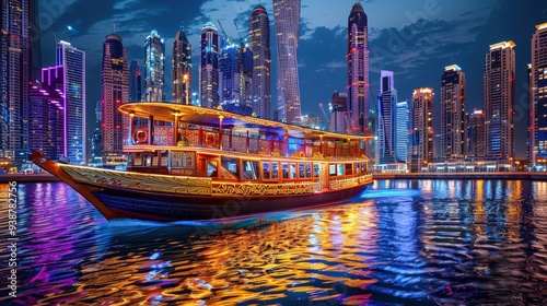 Enjoy a luxurious dinner cruise on a traditional dhow in Dubai Marina.