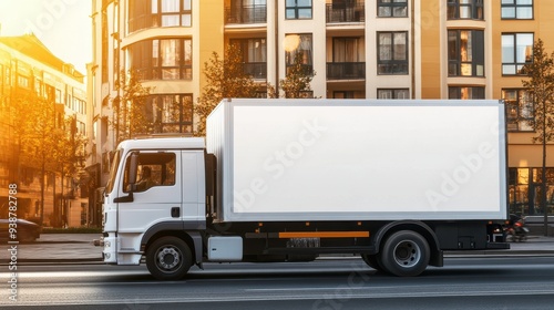 Blank delivery truck mockup on city street, side view with blurred urban background