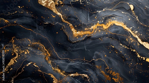 Luxurious black marble texture with flowing golden veins and splatters, creating a sophisticated abstract design.