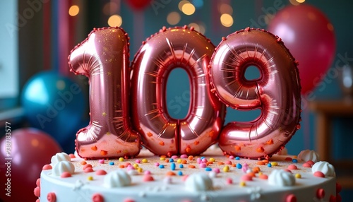 Number 109th Birthday Balloon Celebration Cake, Adorned with Sparkling Confetti, Stars, Glitters, and Streamer Ribbons for a Festive Atmosphere photo