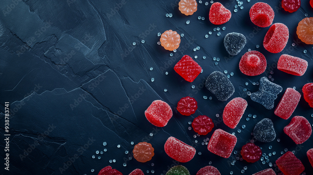 Colorful gummy candies scattered on a dark textured background. Assorted jelly candies in vibrant colors.