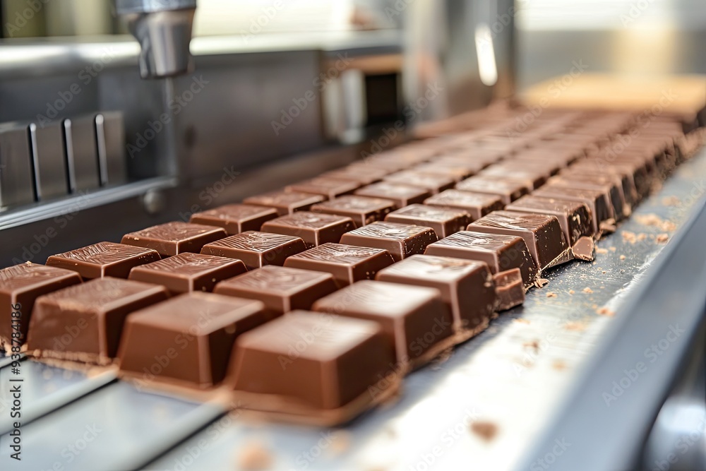 Chocolate bars on a conveyor belt. Perfect for illustrating the chocolate making process or the manufacturing of confectionery. Chocolate bars on a conveyor belt. Perfect for illustrating the chocolate making process or the manufacturing of confectionery.