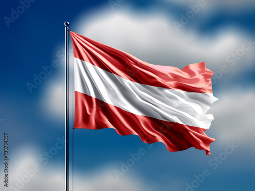 austria flag flying on blur blue clouds background.