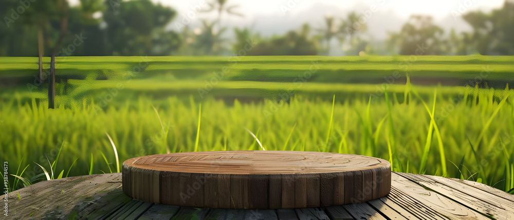 A circular wooden platform set against a vibrant green field with lush foliage and trees, creating a serene outdoor scene. A circular wooden platform set against a vibrant green field with lush foliage and trees, creating a serene outdoor scene.