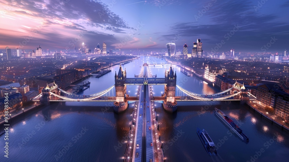 Naklejka premium historic Tower Bridge spanning the River Thames, with its iconic twin towers and a glass floor walkway offering breathtaking views of the city skyline
