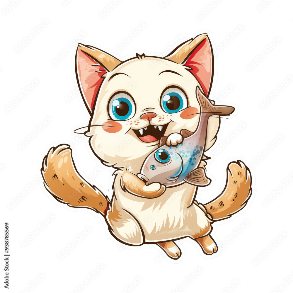 Fototapeta premium Cute White Cat Holding a Fish.