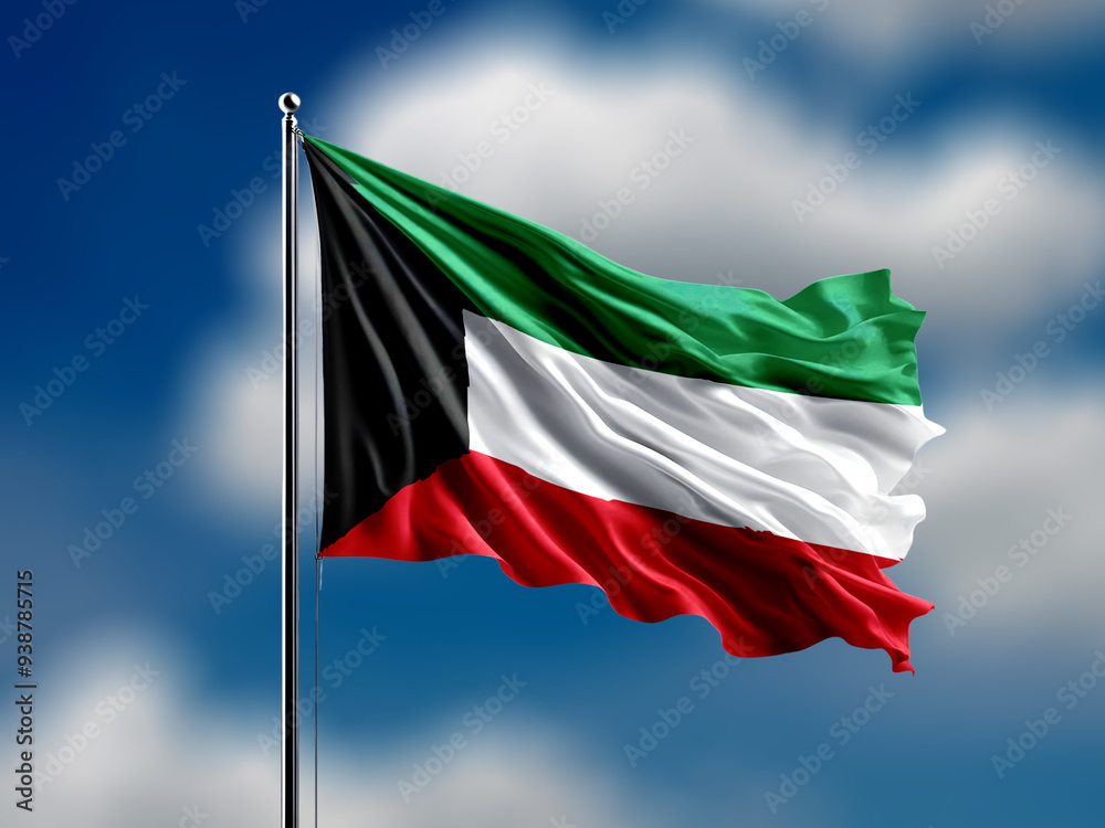 kuwait flag flying on blur blue clouds background. kuwait flag flying on blur blue clouds background.