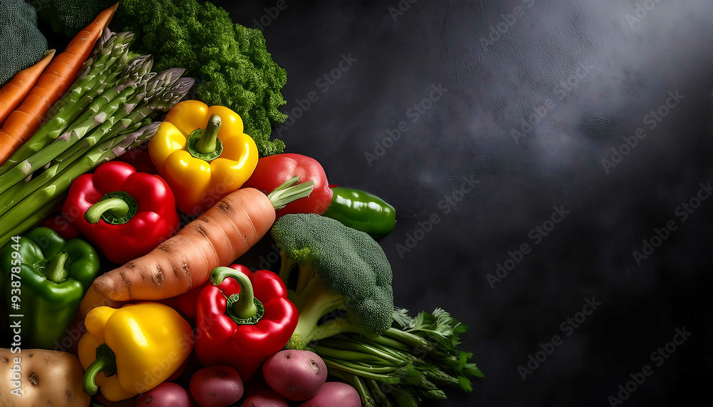 Fresh raw vegetables on wooden cutting board with peppers, tomatoes, zucchini, eggplant, onions, radish, and garlic, copy space, still life photo Fresh raw vegetables on wooden cutting board with peppers, tomatoes, zucchini, eggplant, onions, radish, and garlic, copy space, still life photo