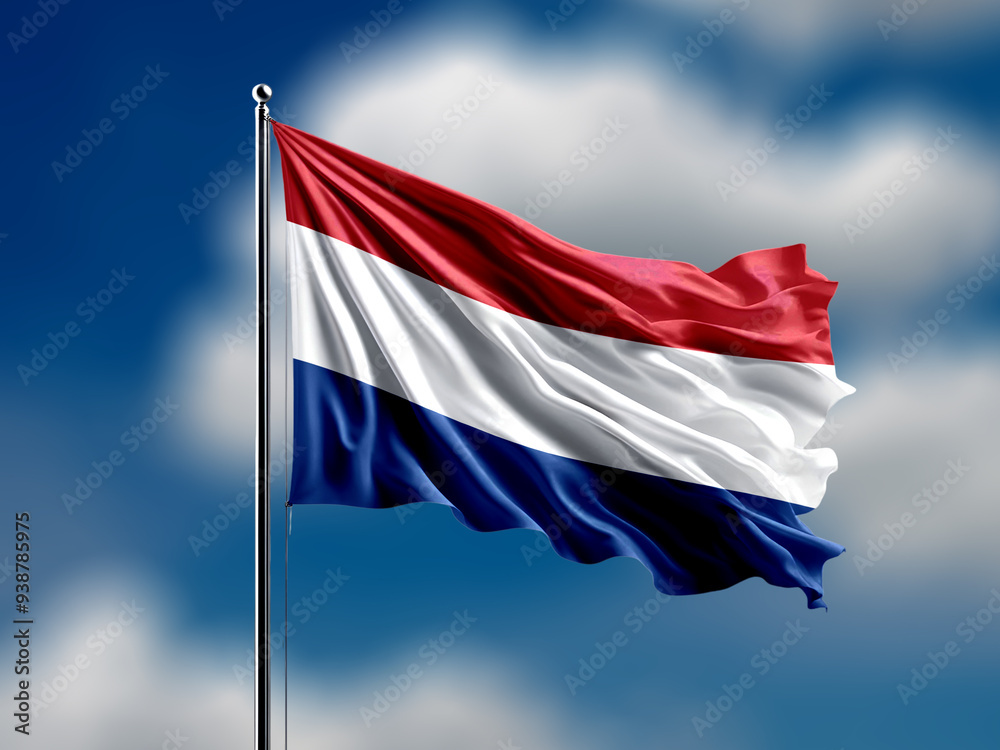 Netherland flag flying on blur blue clouds background. Netherland flag flying on blur blue clouds background.