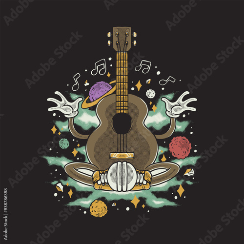 retro cartoon illustration of acoustic guitar in the space