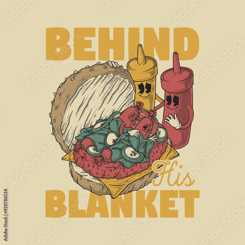 retro cartoon emblem of sausages sleeps inside the burger