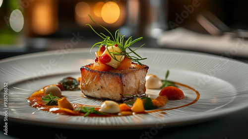 Artisanal Gourmet Dish with Elegant Presentation in a Fine Dining Setting
