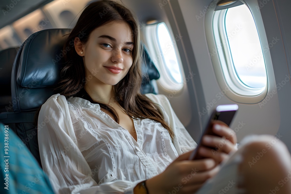 Fototapeta premium woman sitting in an airplane seat, holding a smartphone in her hands